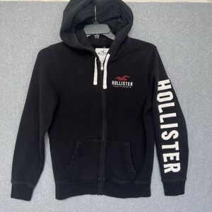 Hollister Mens Hoodie Size Small Black Full Zip Embroidered Arm Spellout